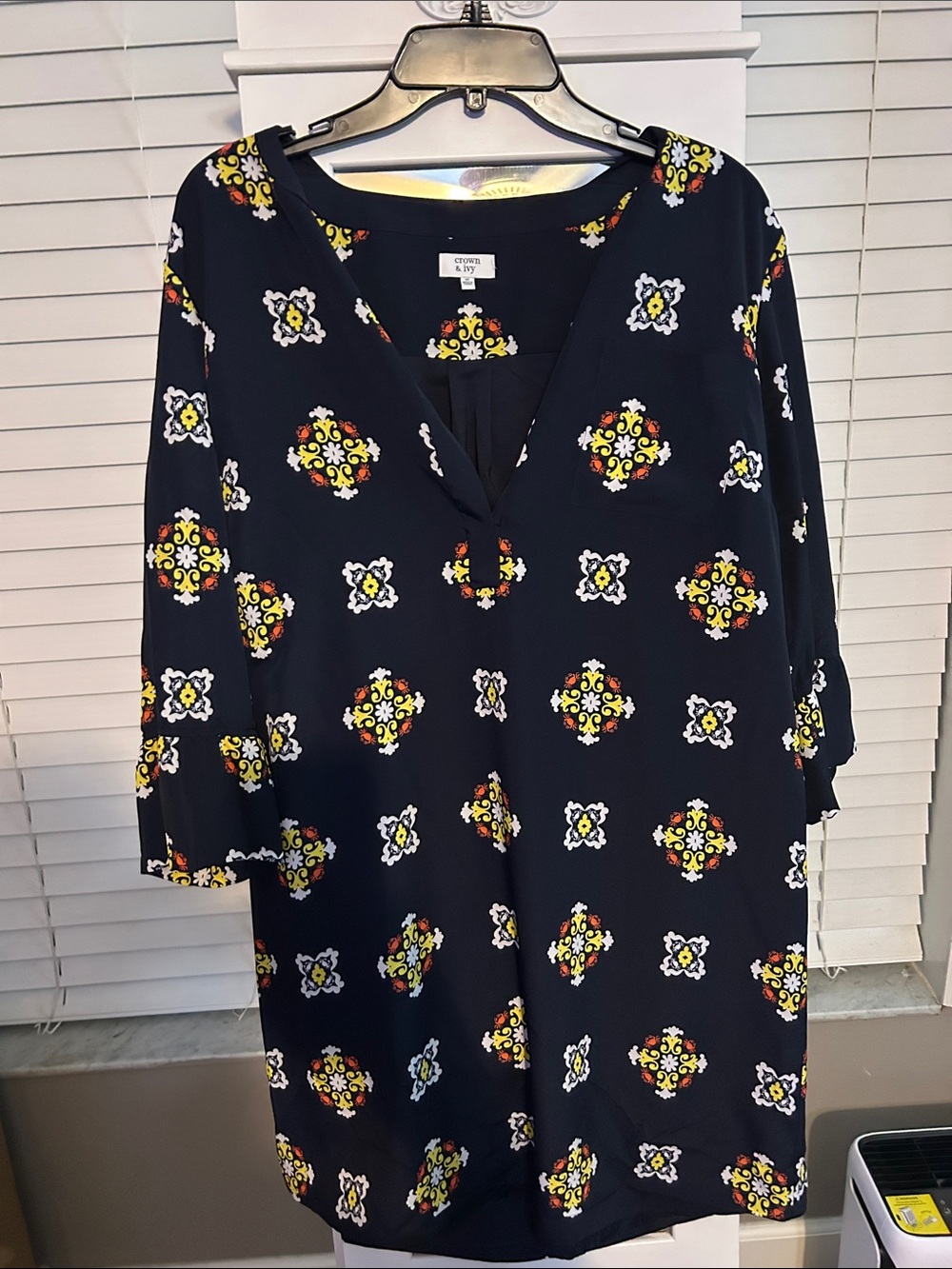 crown & ivy Navy Midi Dress with Yellow & White Floral Medallion Print